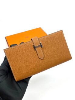 Кожаный бумажник Hermes Premium 17/9 см оранжевый - фото 5