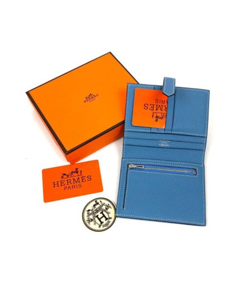 Кожаный бумажник Hermes Premium 10/12 см синий - фото 2