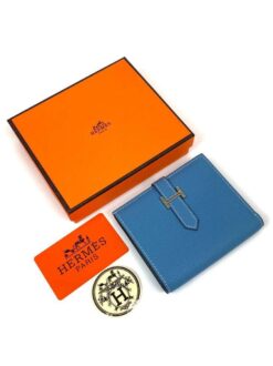 Кожаный бумажник Hermes Premium 10/12 см синий - фото 4
