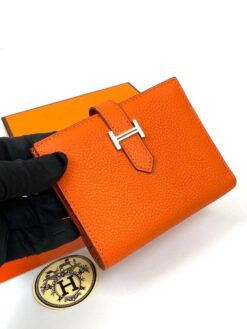 Кожаный бумажник Hermes Premium 10/12 см оранжевый - фото 4