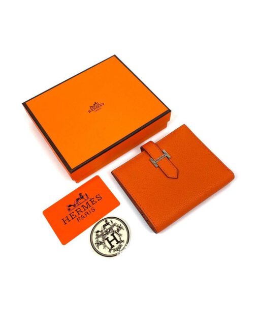 Кожаный бумажник Hermes Premium 10/12 см оранжевый - фото 2