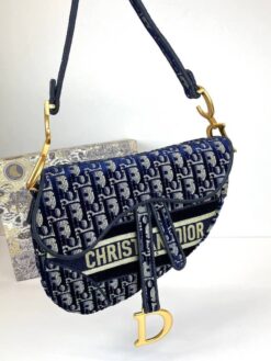 Женская сумка Christian Dior Saddle из жаккардовой ткани Oblique синяя 25/20/6 - фото 9