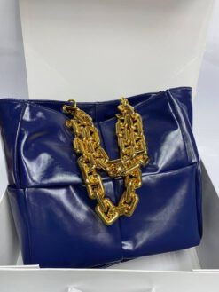 Женская плетеная кожаная сумка Bottega Veneta синяя 35/33/18