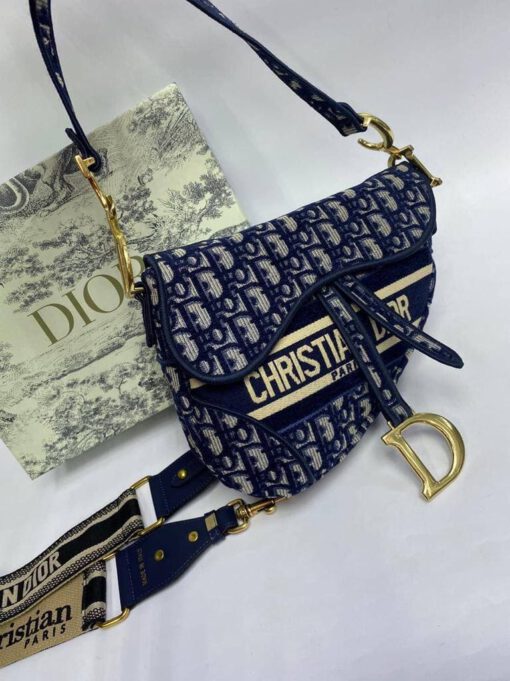 Женская кожаная сумка Christian Dior Saddle синяя 25/20/7 - фото 6