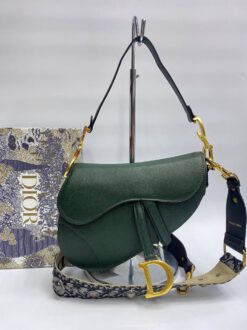 Женская кожаная сумка Christian Dior Saddle зеленая 25/20/7