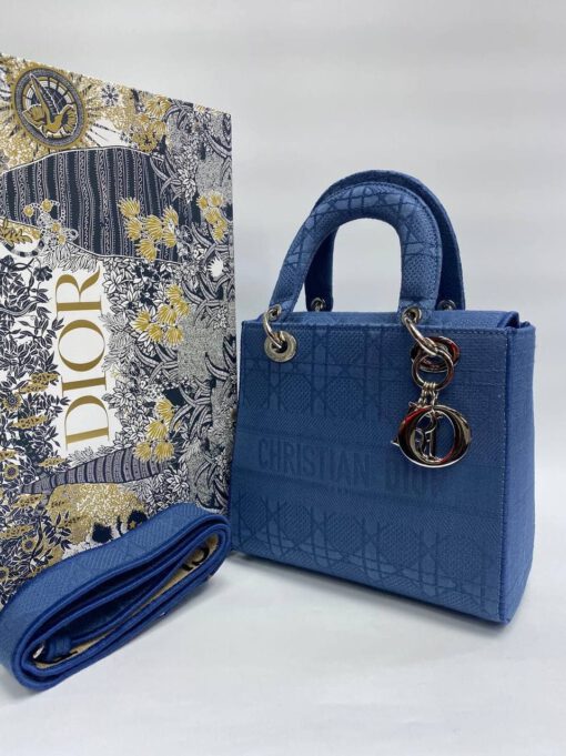 Женская сумка Dior синяя из жаккардовой ткани 23/20/12 - фото 1