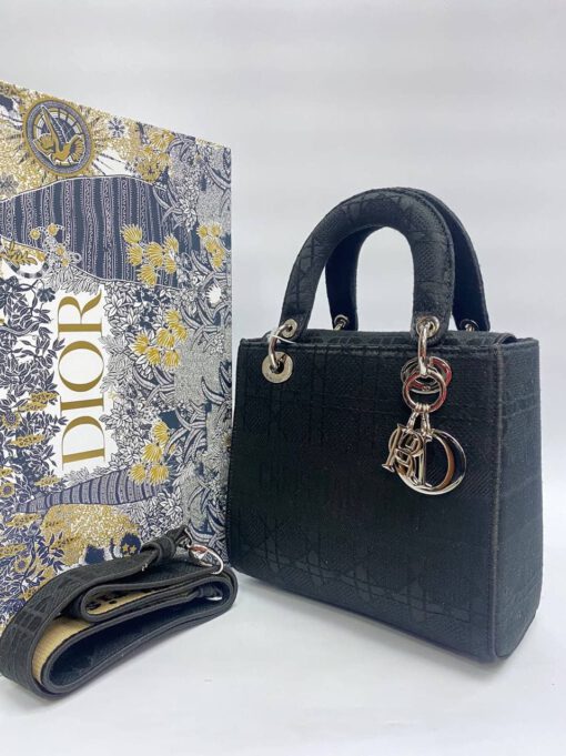 Женская сумка Dior темно-синяя из жаккардовой ткани 23/20/12 - фото 1