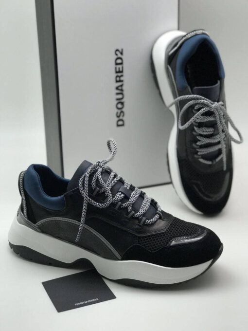Мужские кожаные кроссовки Dsquared2 черно-синие коллекция 2021-2022 - фото 3