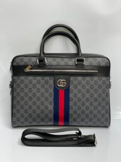 Мужская сумка для документов Gucci из канвы серая с рисунком 38/29/7 см - фото 12