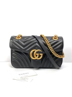 Женская кожаная сумка Gucci GG Marmont черная 26/15/7 см премиум-люкс