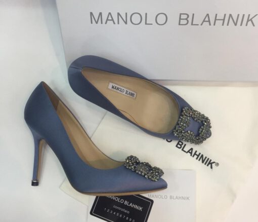 Атласные женские туфли Manolo Blahnik Hangisi 9.5 см каблук синие - фото 2