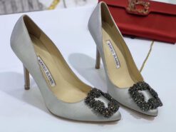 Атласные женские туфли Manolo Blahnik Hangisi серые премиум-люкс коллекция 2021