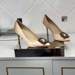 Атласные женские туфли Manolo Blahnik Hangisi бежевые премиум-люкс коллекция 2021