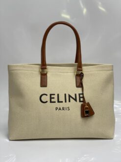 Женская сумка-шоппер Celine тканевая белая 41/30/14 см