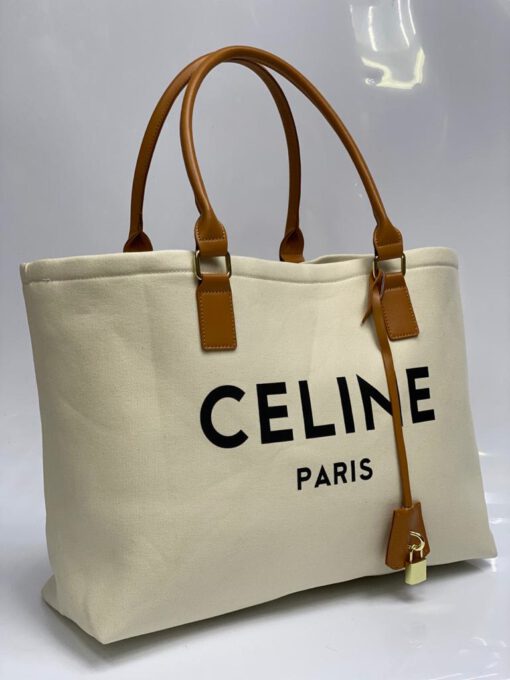 Женская сумка-шоппер Celine тканевая белая 41/30/14 см - фото 1