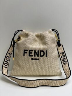 Женская тканевая сумка-мешок Fendi белая 40/37 см