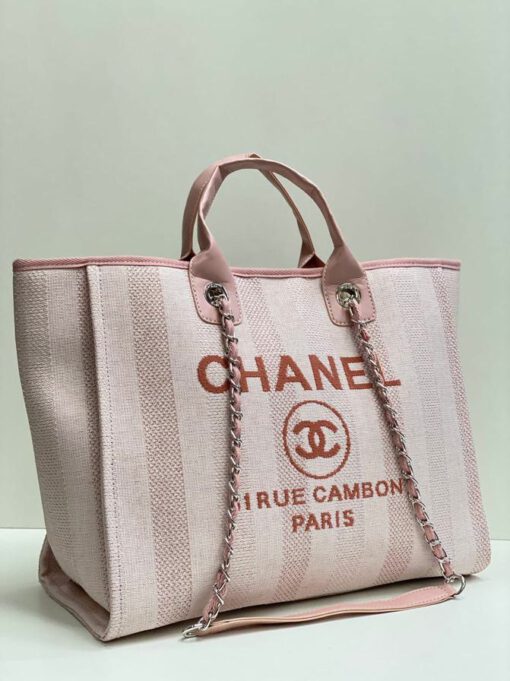 Женская тканевая сумка Shopping Chanel розовая с кожаными ручками 38/32/16 см - фото 4