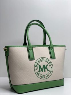 Женская сумка-тоут Michael Kors 87264 белая с кожаной зелёной окантовкой 23/28/12 см