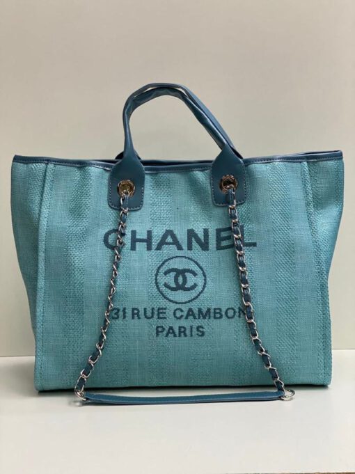 Женская тканевая сумка Shopping Chanel бирюзовая с кожаными ручками 38/32/16 см - фото 1