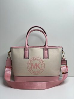 Женская сумка-тоут Michael Kors 87272 белая с кожаной розовой окантовкой 23/28/12 см - фото 5