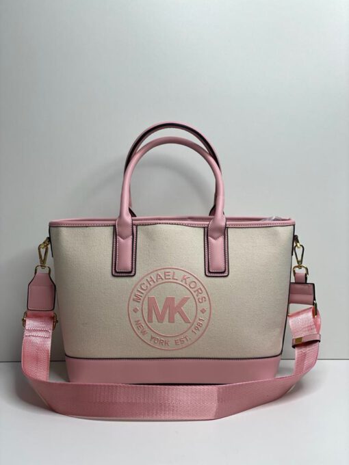 Женская сумка-тоут Michael Kors 87272 белая с кожаной розовой окантовкой 23/28/12 см - фото 1