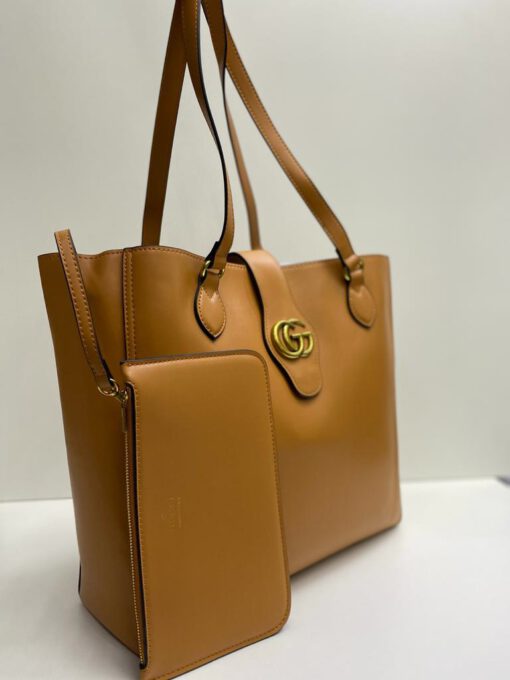 Женская сумка Gucci из канвы золотистая в комплекте кошелек 35/32/11 см - фото 5
