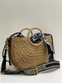Женская сумка-корзина Dior из ротанга бежевая 38/24/7 см - фото 8
