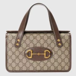 Женская кожаная сумка Gucci с рисунком и коричневыми вставками 28/17 см - фото 5