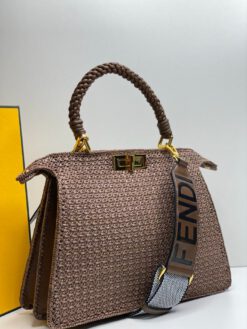 Женская плетёная сумка Fendi 87208 каштановая 33/25/12 см