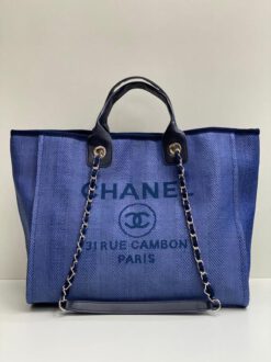 Женская тканевая сумка Shopping Chanel синяя с кожаными ручками 38/32/16 см