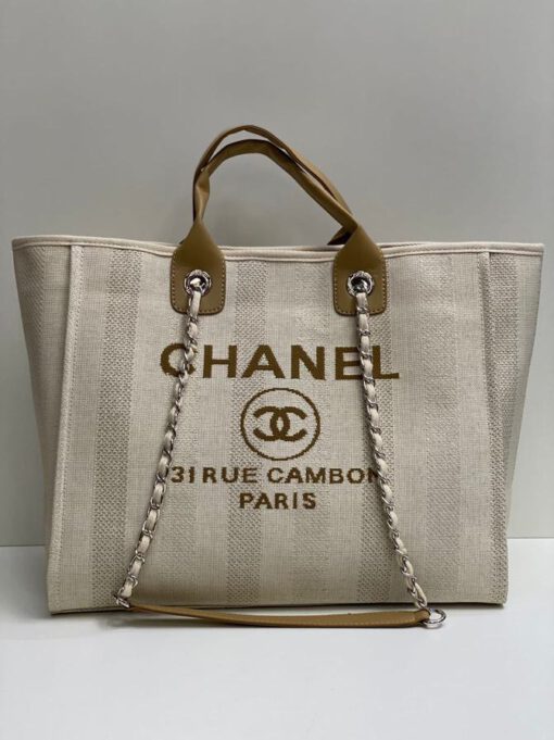 Женская тканевая сумка Shopping Chanel белая с кожаными ручками 38/32/16 см - фото 1