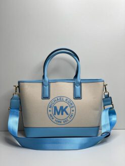 Женская сумка-тоут Michael Kors 87260 белая с кожаной голубой окантовкой 23/28/12 см