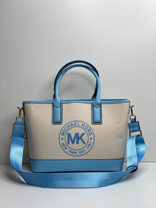 Женская сумка-тоут Michael Kors 87260 белая с кожаной голубой окантовкой 23/28/12 см - фото 1