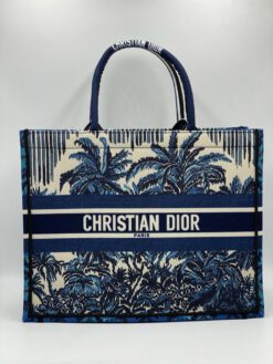 Женская сумка-шоппер Dior тканевая с рисунком синяя 41/32/15 см