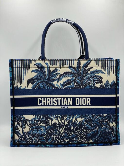 Женская сумка-шоппер Dior тканевая с рисунком синяя 41/32/15 см - фото 4