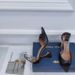 Туфли-босоножки женские кожаные Amina Muaddi черные премиум-люкс коллекция 2021-2022