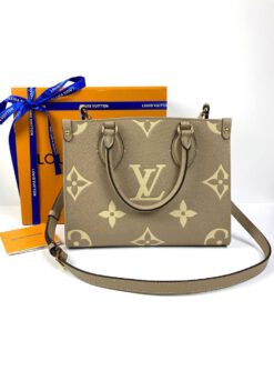 Женская сумка Louis Vuitton Onthego PM 25/19/11 бежевая с рисунком премиум-люкс