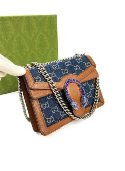Женская кожаная мини-сумка Gucci Dionysus коричнево-синяя  20/15/5 см премиум-люкс качество