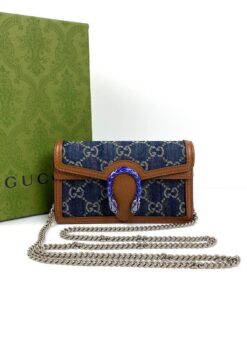 Женская кожаная супер-мини-сумка Gucci Dionysus коричнево-синяя  16/10/4 см премиум-люкс качество