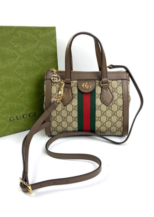 Женская сумка Gucci Ophidia 24/20/10 коричнево-бежевая с рисунком - фото 1