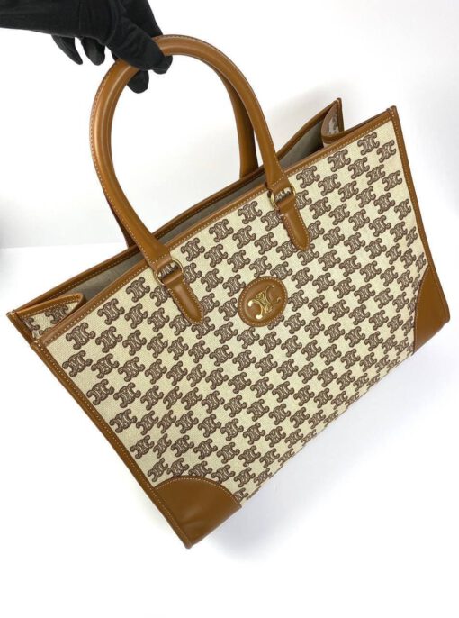 Женская сумка-шоппер Celine с рисунком-монограммой и коричневой окантовкой 43/31/15 см - фото 6