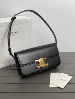 Женская кожаная маленькая сумочка на плечо Celine Triomphe чёрная премиум-люкс 20/10/4 см