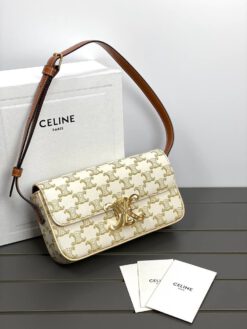 Женская кожаная маленькая сумочка на плечо Celine Triomphe белая премиум-люкс 20/10/4 см