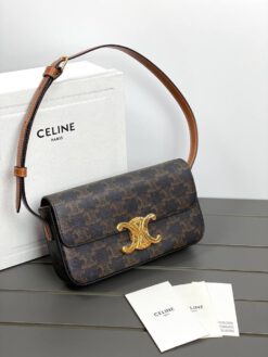 Женская кожаная маленькая сумочка на плечо Celine Triomphe чёрно-бежевая премиум-люкс 20/10/4 см