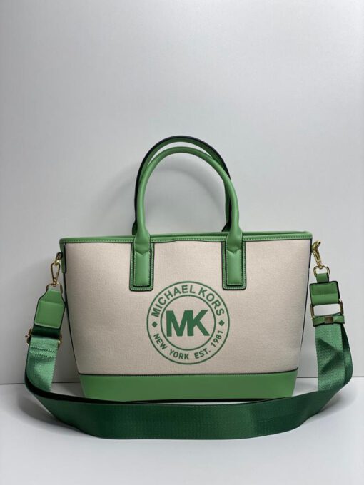 Женская сумка-тоут Michael Kors 87264 белая с кожаной зелёной окантовкой 23/28/12 см - фото 1