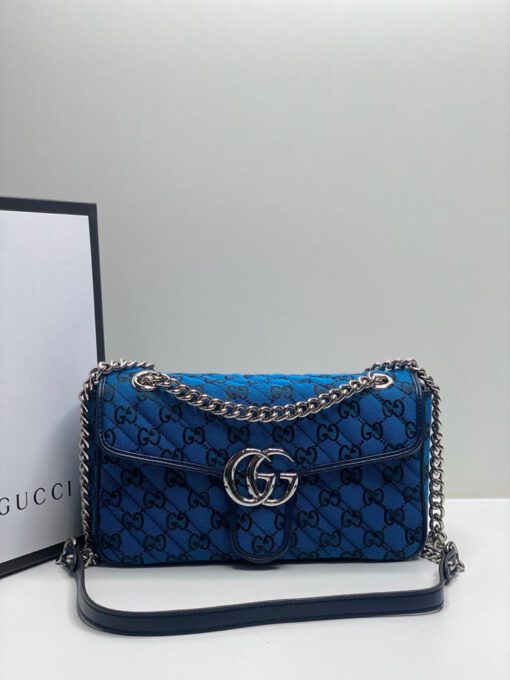 Женская тканевая сумка Gucci синяя с рисунком-монограммой 27/15/8 см - фото 1