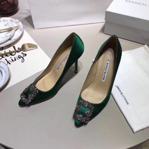 Атласные женские туфли Manolo Blahnik Hangisi 9.5 см каблук зеленые - фото 8