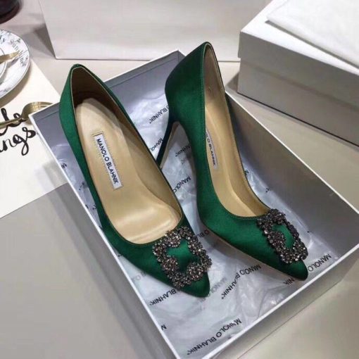 Атласные женские туфли Manolo Blahnik Hangisi 9.5 см каблук зеленые - фото 7