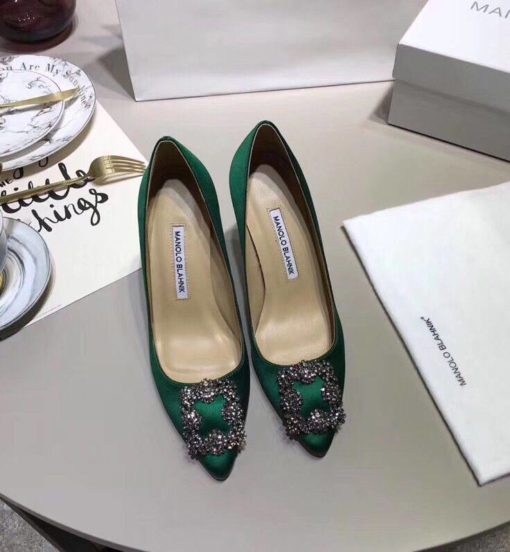 Атласные женские туфли Manolo Blahnik Hangisi 9.5 см каблук зеленые - фото 6
