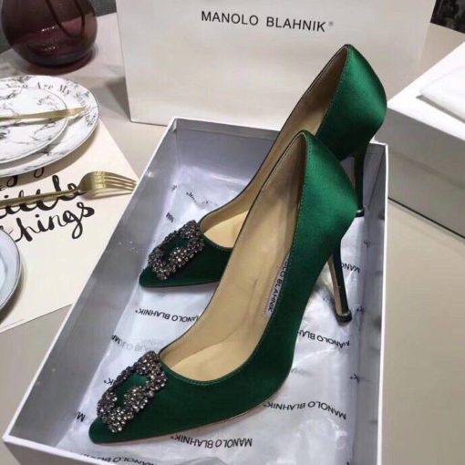 Атласные женские туфли Manolo Blahnik Hangisi 9.5 см каблук зеленые - фото 5